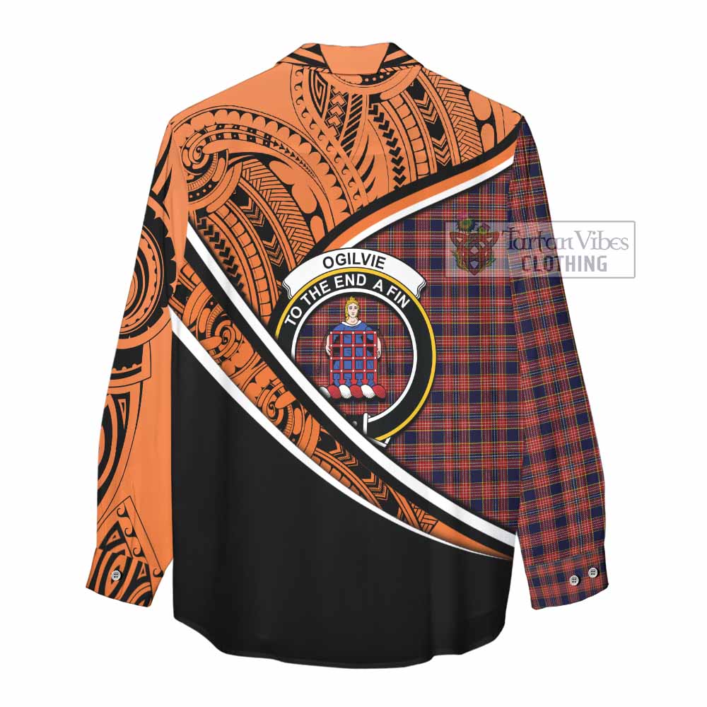 Tartan Vibes Clothing Ogilvie (Ogilvy) Crest Tartan Women's Casual Shirt with Maori Tattoo Style - Orange Version