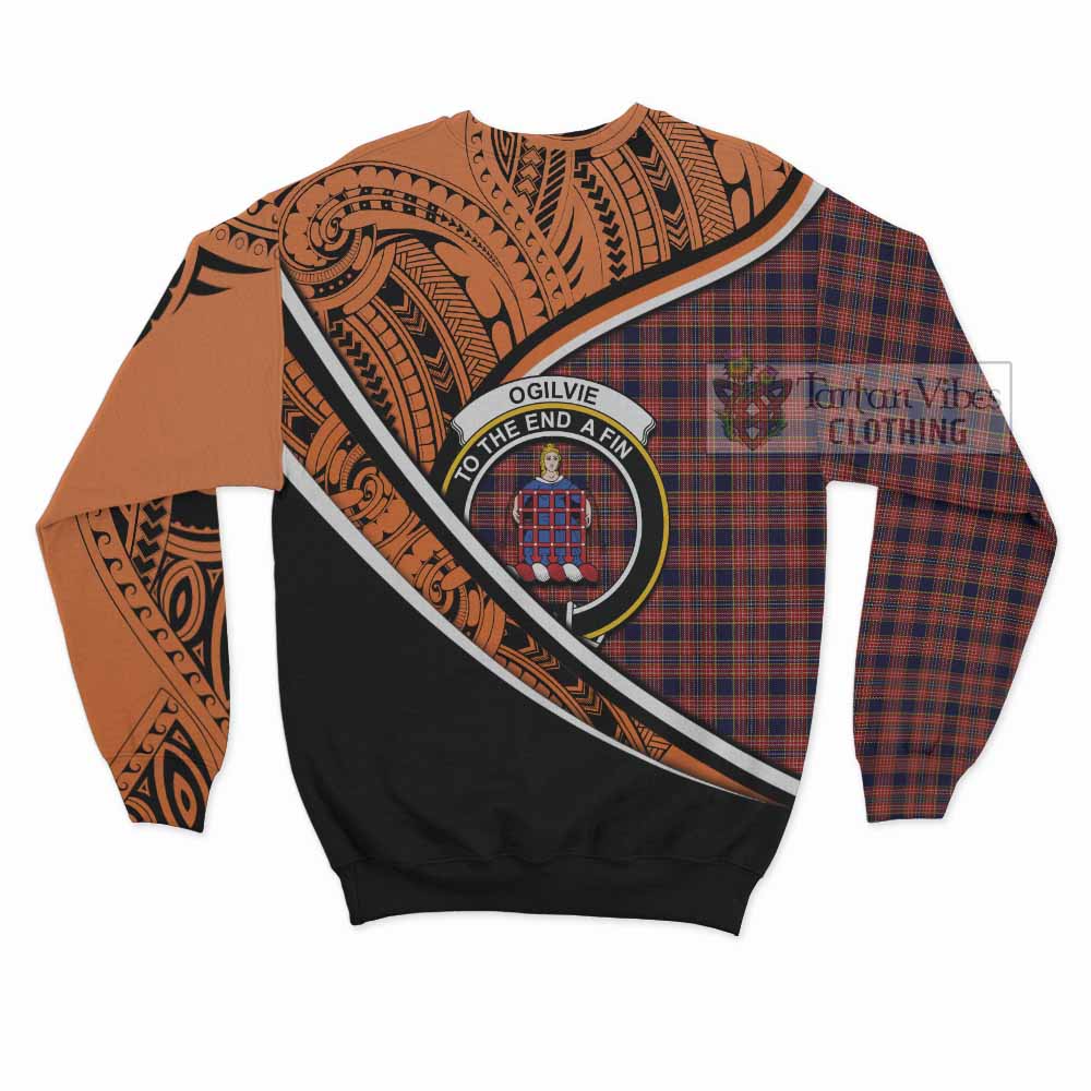 Tartan Vibes Clothing Ogilvie (Ogilvy) Crest Tartan Sweatshirt with Maori Tattoo Style - Orange Version