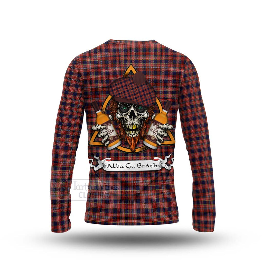 Tartan Vibes Clothing Ogilvie (Ogilvy) Tartan Long Sleeve T-Shirt with Family Crest and Bearded Skull Holding Bottles of Whiskey