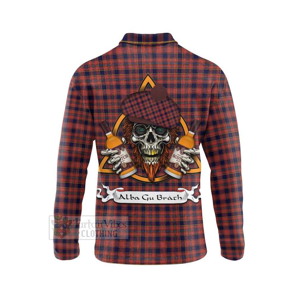 Tartan Vibes Clothing Ogilvie (Ogilvy) Tartan Long Sleeve Polo Shirt with Family Crest and Bearded Skull Holding Bottles of Whiskey