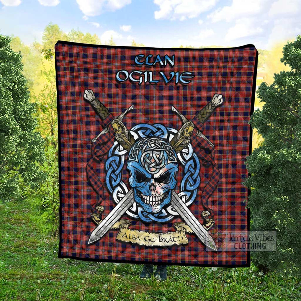 Tartan Vibes Clothing Ogilvie (Ogilvy) Tartan Quilt with Celtic Skull Alba Gu Brath Style