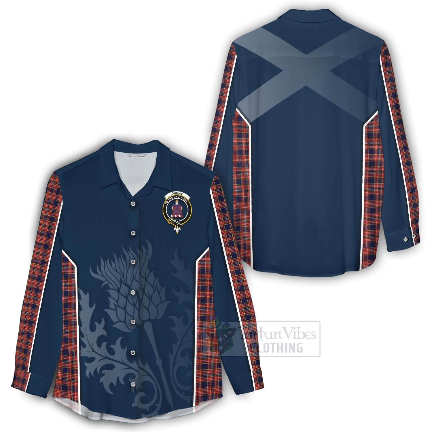 Tartan Vibes Clothing Ogilvie (Ogilvy) Tartan Women's Casual Shirt with Family Crest and Scottish Thistle Vibes Sport Style