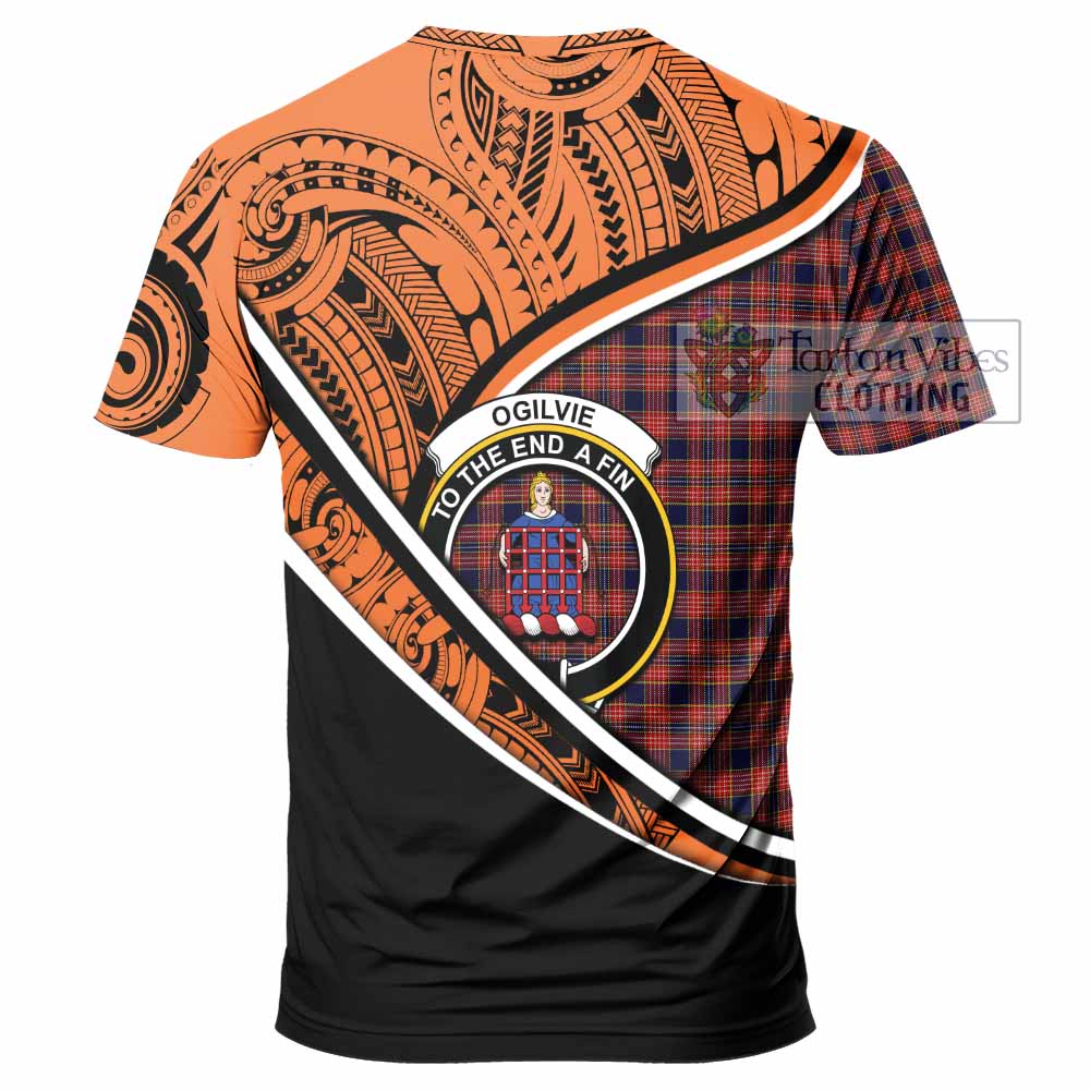 Tartan Vibes Clothing Ogilvie (Ogilvy) Crest Tartan T-Shirt with Maori Tattoo Style - Orange Version