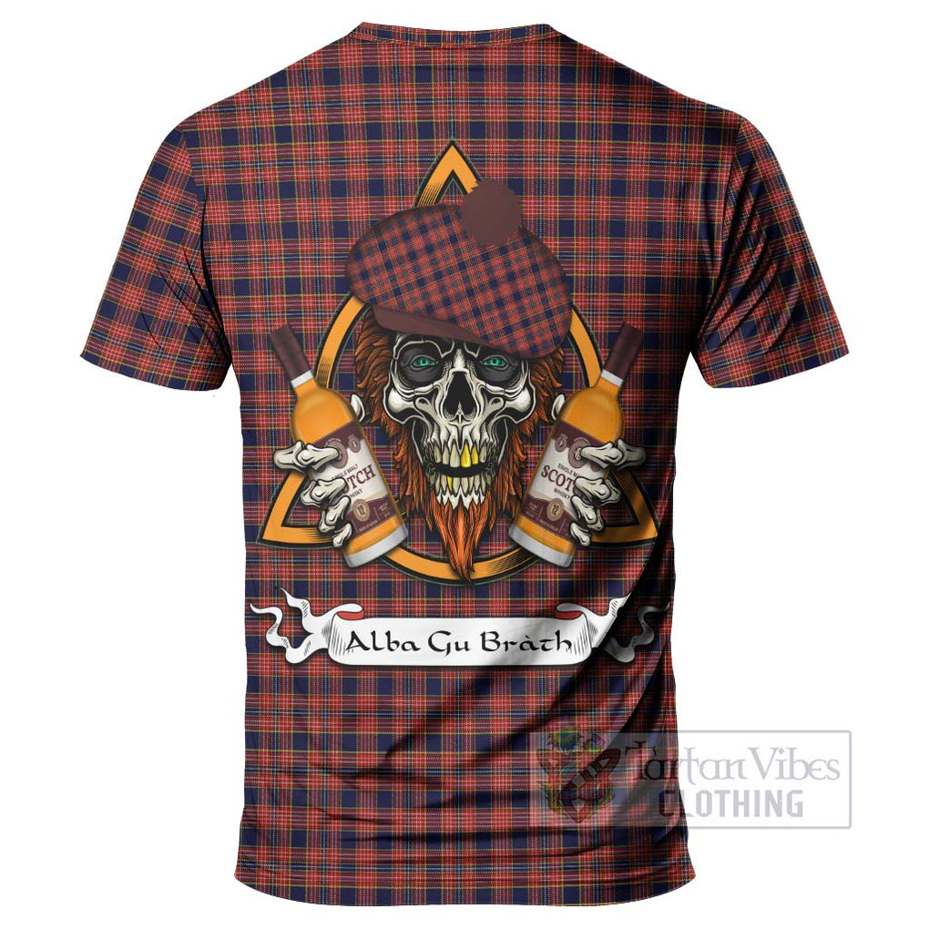 Tartan Vibes Clothing Ogilvie (Ogilvy) Tartan T-Shirt with Family Crest and Bearded Skull Holding Bottles of Whiskey