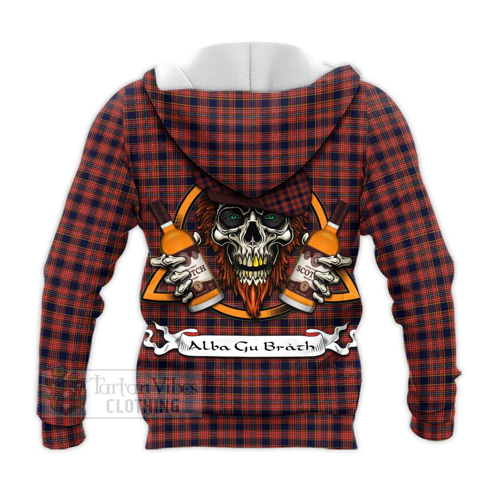 Tartan Vibes Clothing Ogilvie (Ogilvy) Tartan Knitted Hoodie with Family Crest and Bearded Skull Holding Bottles of Whiskey