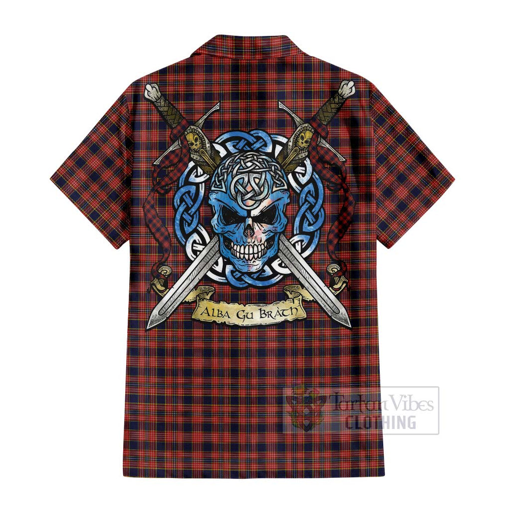 Tartan Vibes Clothing Ogilvie (Ogilvy) Tartan Short Sleeve Button Shirt with Family Crest Celtic Skull Style