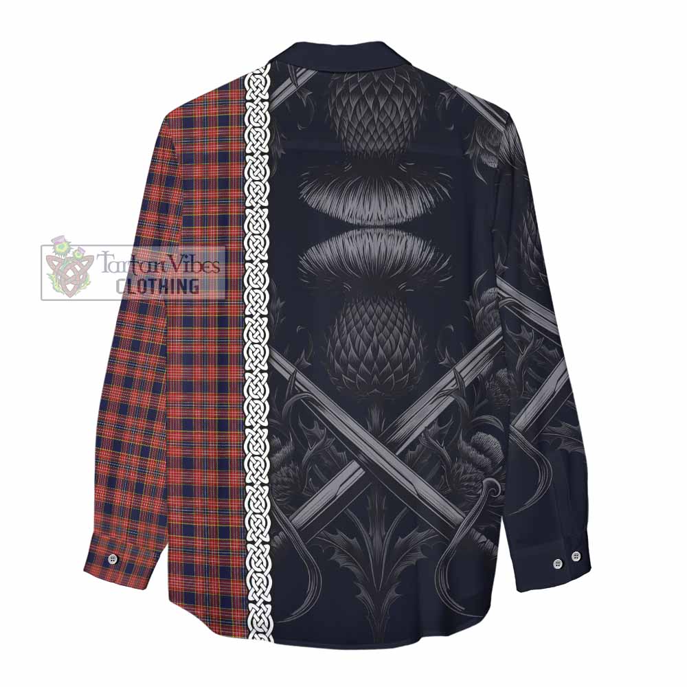 Tartan Vibes Clothing Ogilvie (Ogilvy) Tartan Women's Casual Shirt with Family Crest Cross Sword Thistle Celtic Vibes