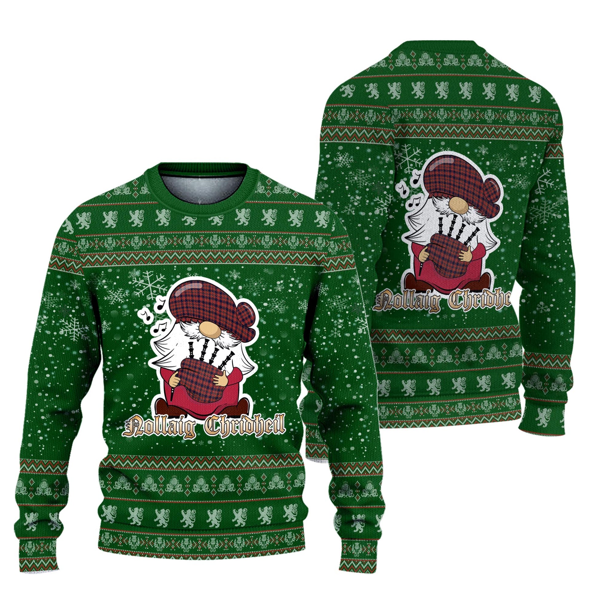 Ogilvie (Ogilvy) Clan Christmas Family Knitted Sweater with Funny Gnome Playing Bagpipes Unisex Green - Tartanvibesclothing