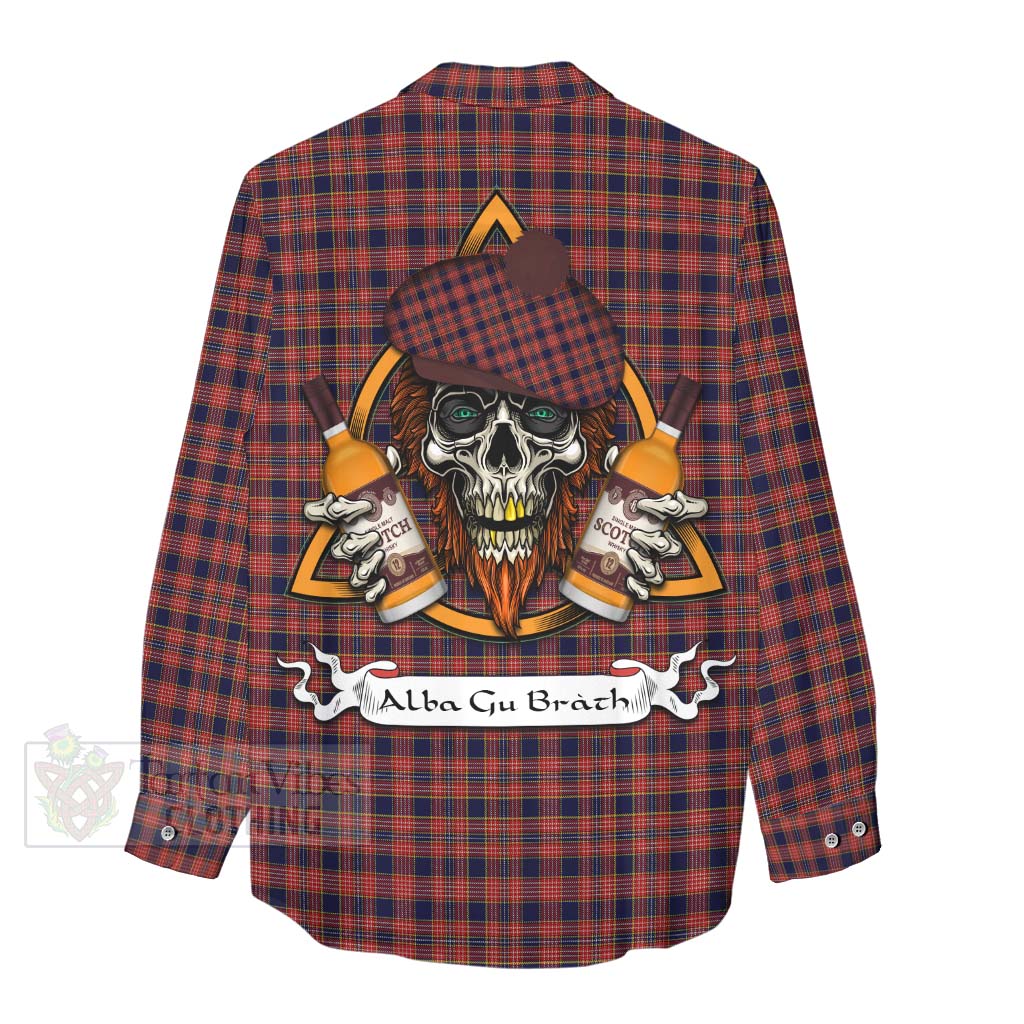 Tartan Vibes Clothing Ogilvie (Ogilvy) Tartan Women's Casual Shirt with Family Crest and Bearded Skull Holding Bottles of Whiskey