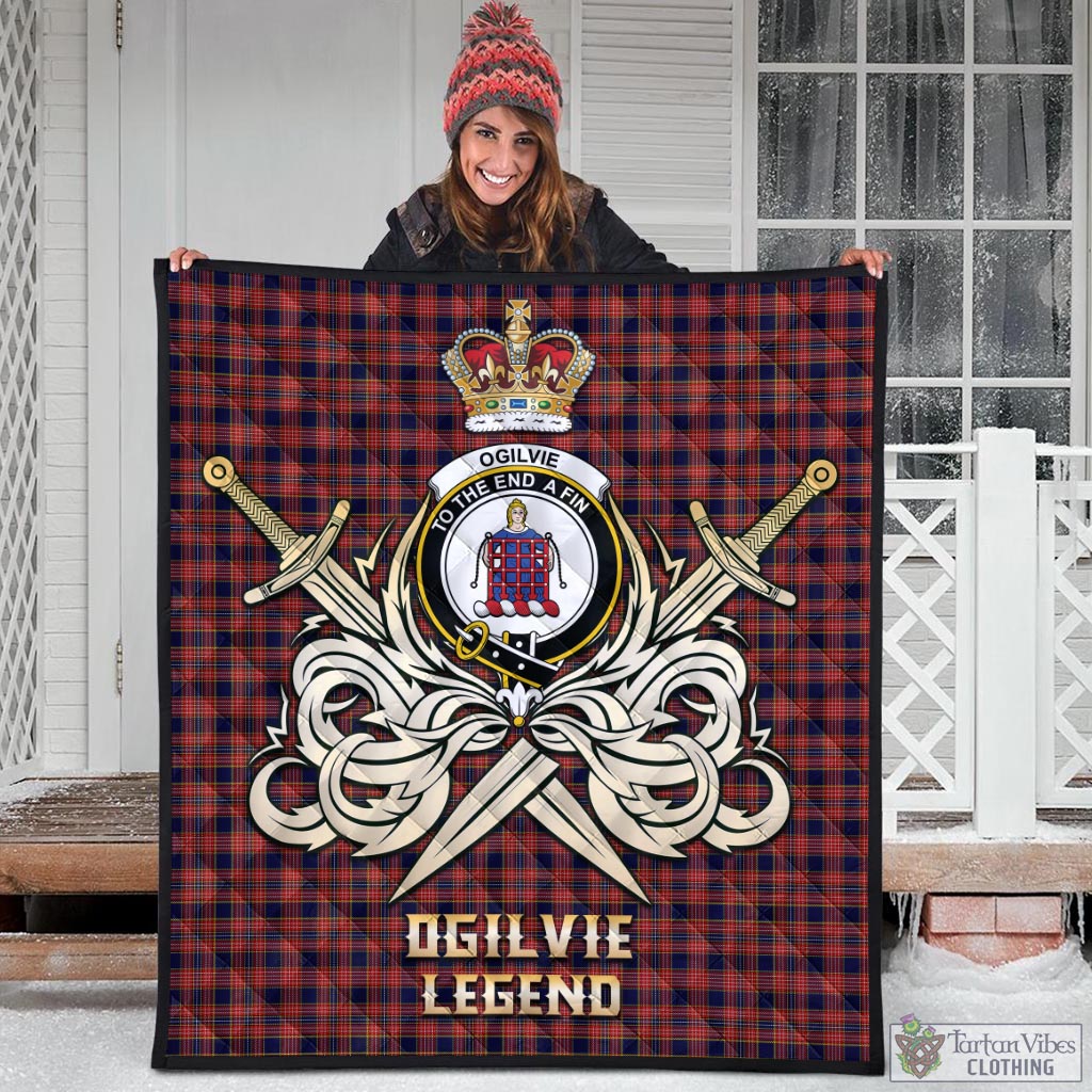 Tartan Vibes Clothing Ogilvie (Ogilvy) Tartan Quilt with Clan Crest and the Golden Sword of Courageous Legacy