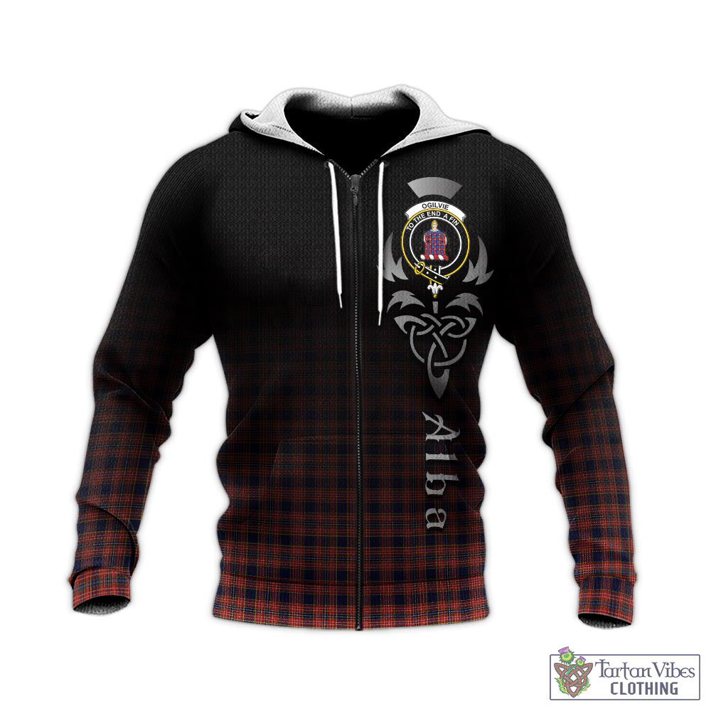 Tartan Vibes Clothing Ogilvie (Ogilvy) Tartan Knitted Hoodie Featuring Alba Gu Brath Family Crest Celtic Inspired