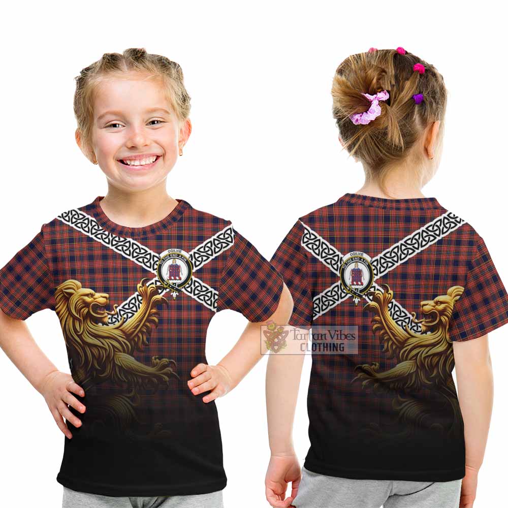Ogilvie (Ogilvy) Crest Tartan Kid T-Shirt with Golden Lion Emblem Celtic Style - Tartan Vibes Clothing