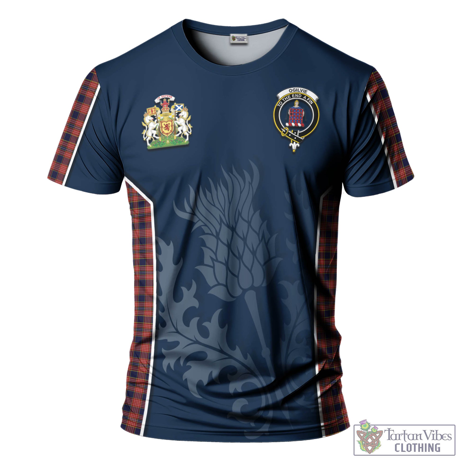 Tartan Vibes Clothing Ogilvie (Ogilvy) Tartan T-Shirt with Family Crest and Scottish Thistle Vibes Sport Style