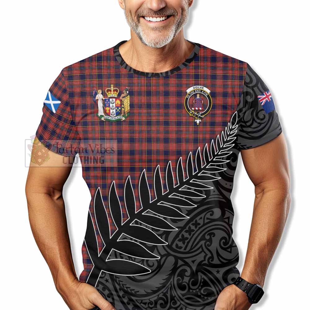 Tartan Vibes Clothing Ogilvie (Ogilvy) Crest Tartan T-Shirt with New Zealand Silver Fern Half Style