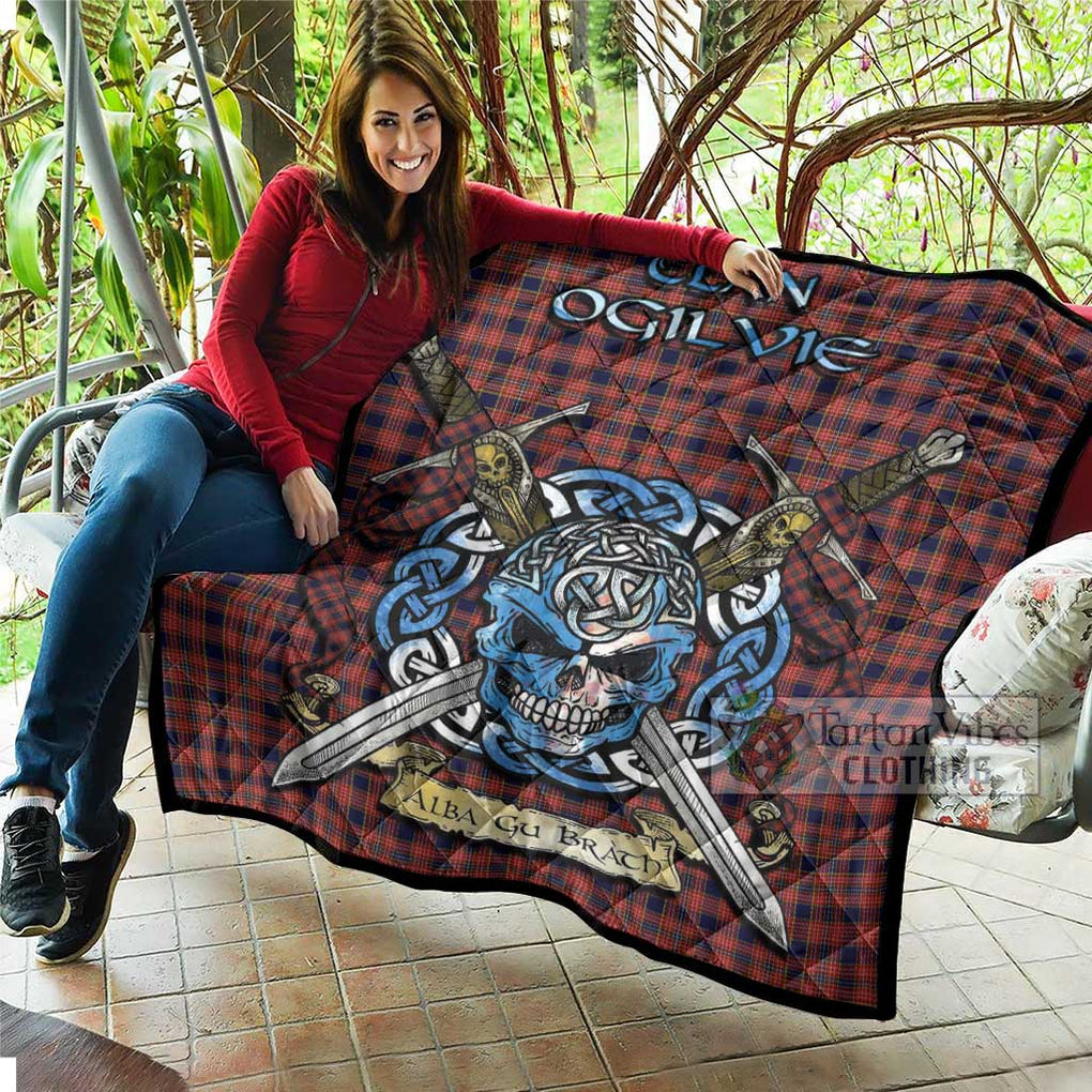 Tartan Vibes Clothing Ogilvie (Ogilvy) Tartan Quilt with Celtic Skull Alba Gu Brath Style