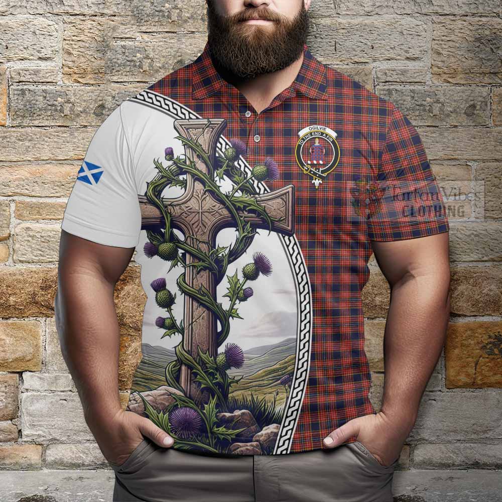 Tartan Vibes Clothing Ogilvie (Ogilvy) Tartan Polo Shirt with Family Crest and St. Andrew's Cross Accented by Thistle Vines