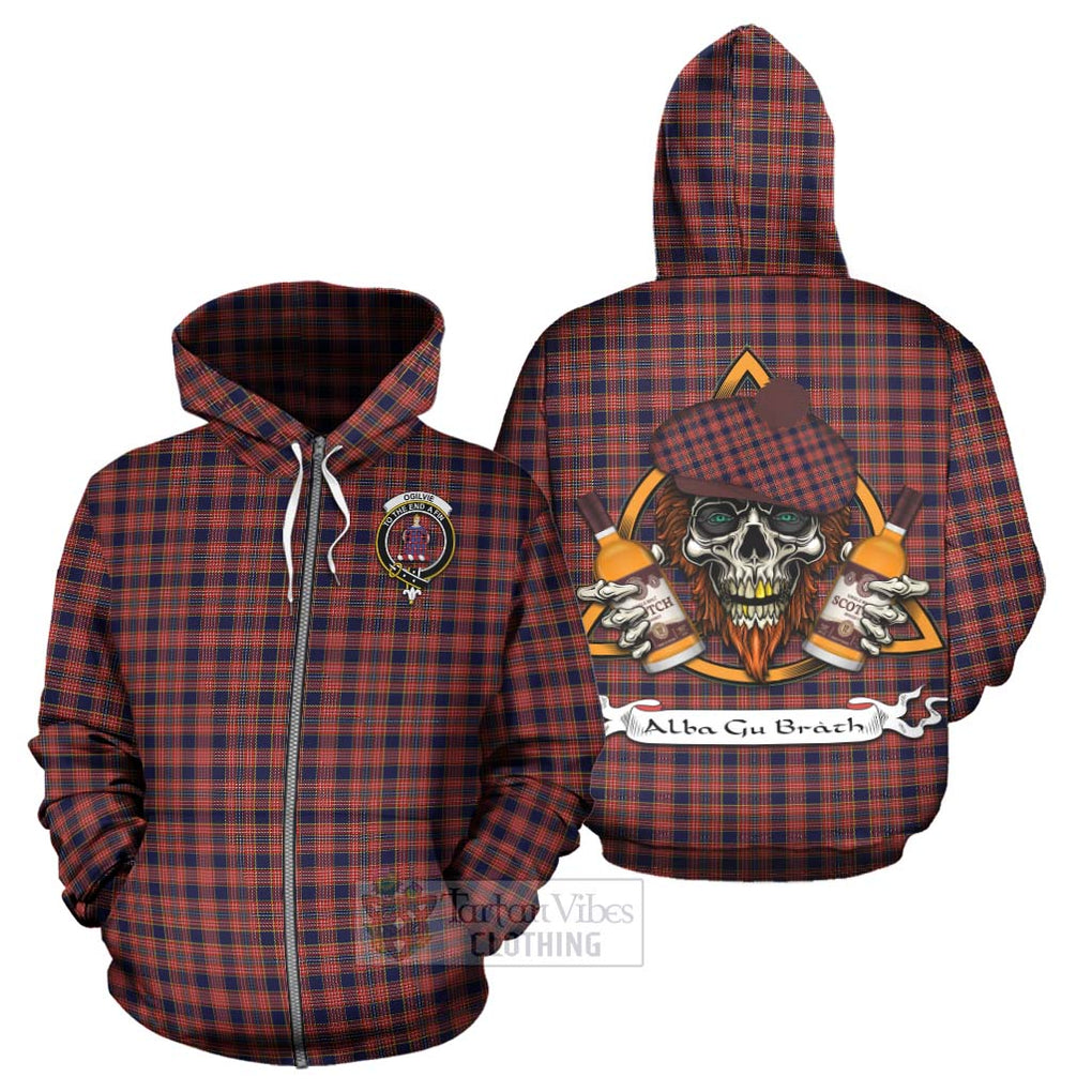 Tartan Vibes Clothing Ogilvie (Ogilvy) Tartan Hoodie with Family Crest and Bearded Skull Holding Bottles of Whiskey