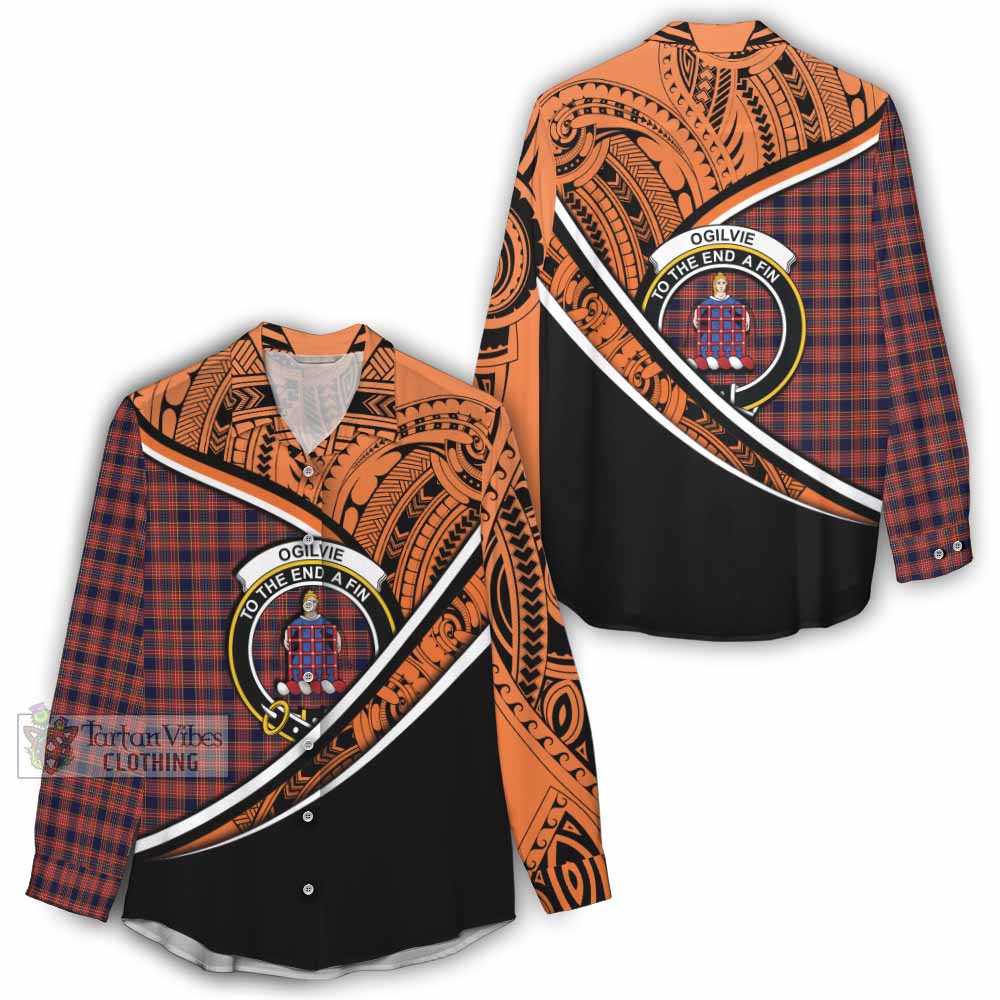 Tartan Vibes Clothing Ogilvie (Ogilvy) Crest Tartan Women's Casual Shirt with Maori Tattoo Style - Orange Version