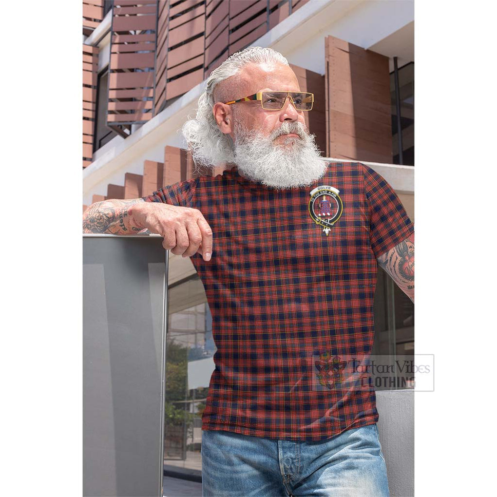 Tartan Vibes Clothing Ogilvie (Ogilvy) Tartan Cotton T-shirt with Family Crest and Bearded Skull Holding Bottles of Whiskey