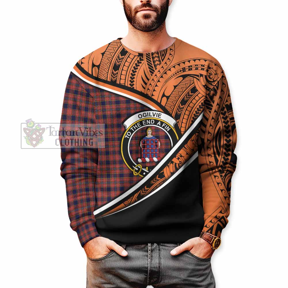 Tartan Vibes Clothing Ogilvie (Ogilvy) Crest Tartan Sweatshirt with Maori Tattoo Style - Orange Version