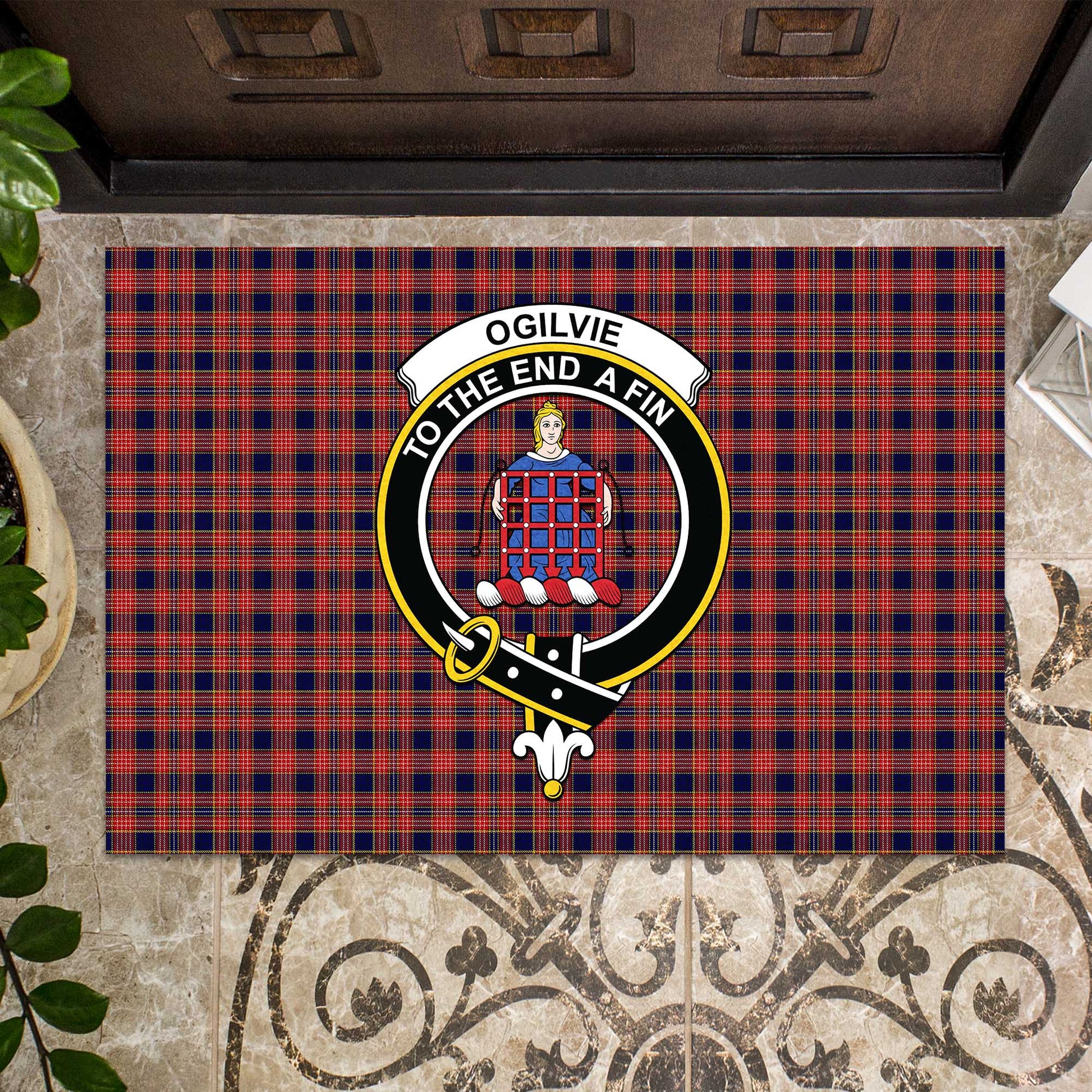 Ogilvie (Ogilvy) Tartan Door Mat with Family Crest - Tartanvibesclothing