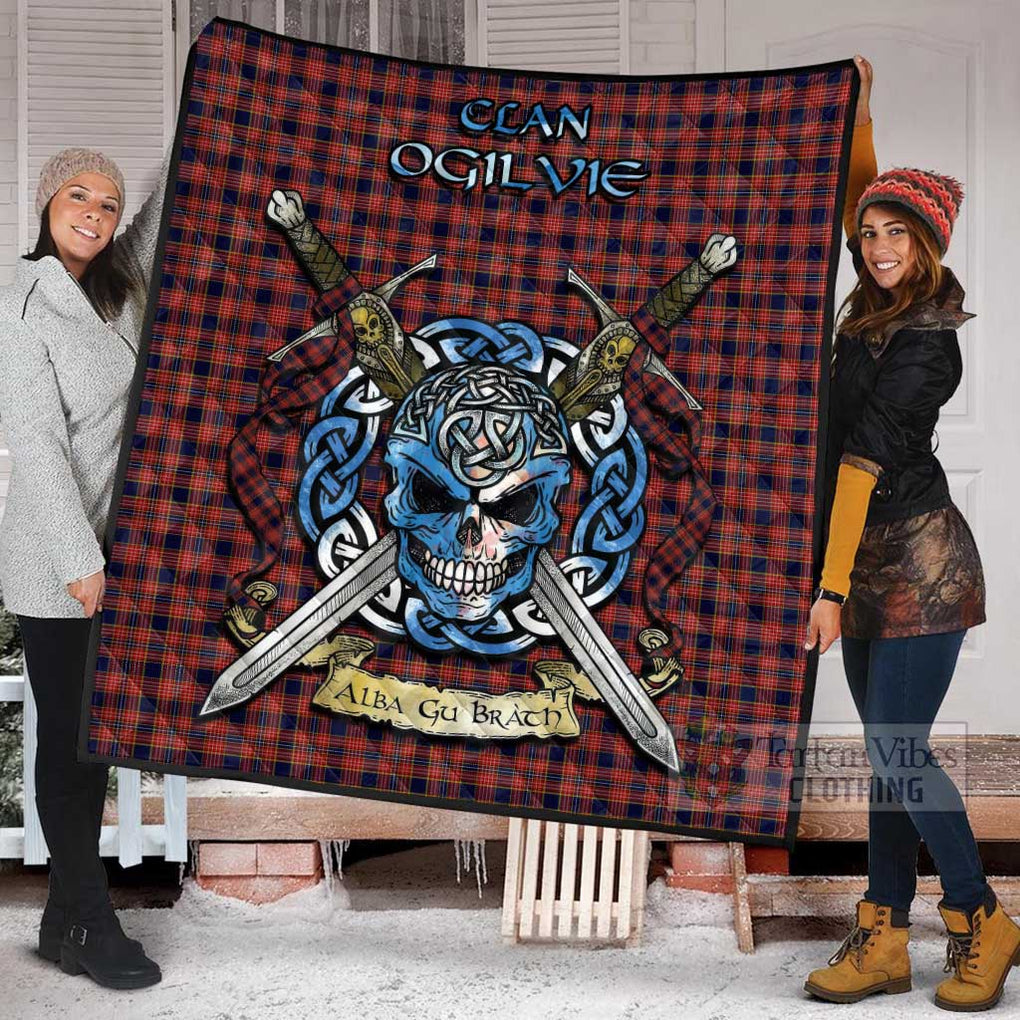 Tartan Vibes Clothing Ogilvie (Ogilvy) Tartan Quilt with Celtic Skull Alba Gu Brath Style