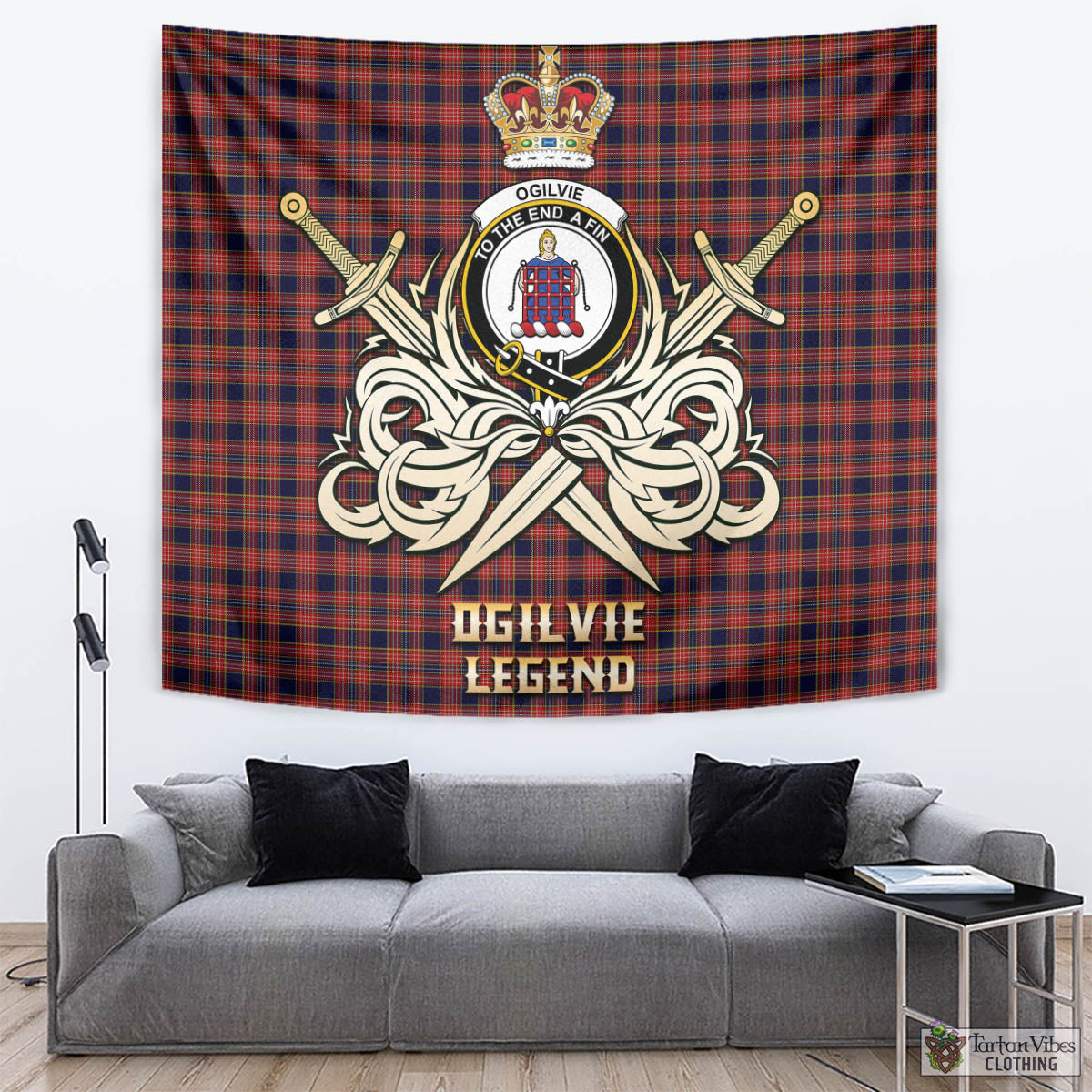 Tartan Vibes Clothing Ogilvie (Ogilvy) Tartan Tapestry with Clan Crest and the Golden Sword of Courageous Legacy