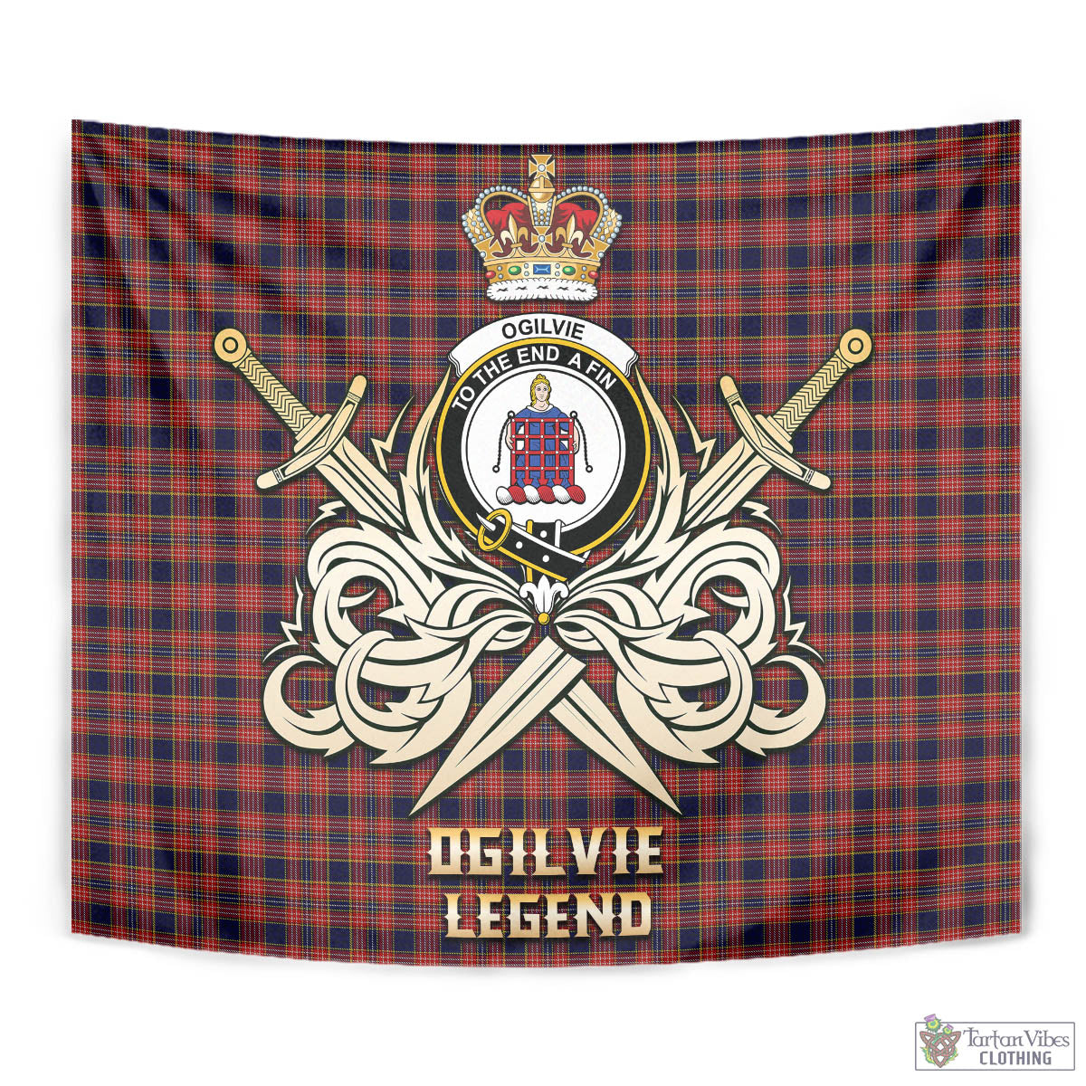 Tartan Vibes Clothing Ogilvie (Ogilvy) Tartan Tapestry with Clan Crest and the Golden Sword of Courageous Legacy