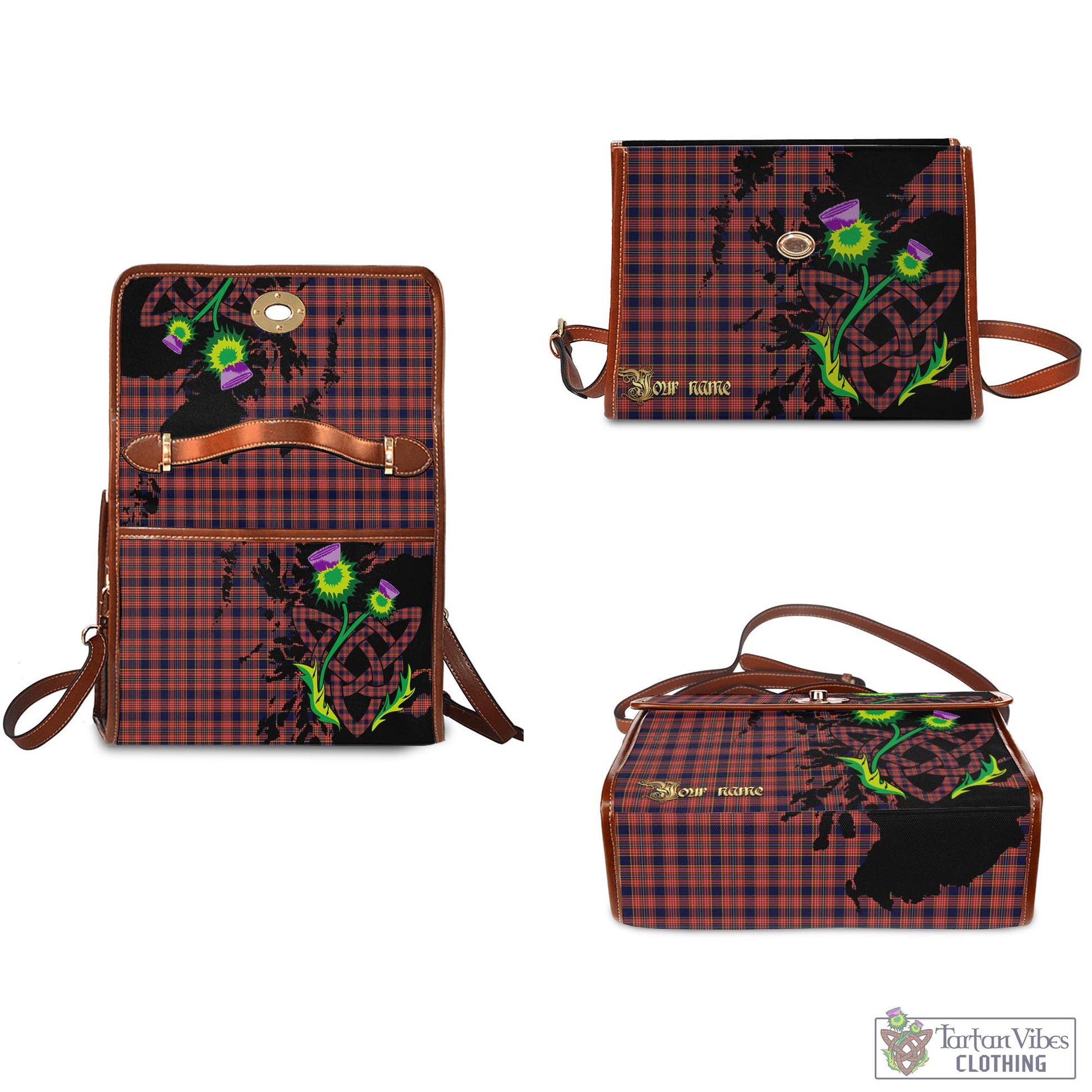 Tartan Vibes Clothing Ogilvie (Ogilvy) Tartan Waterproof Canvas Bag with Scotland Map and Thistle Celtic Accents