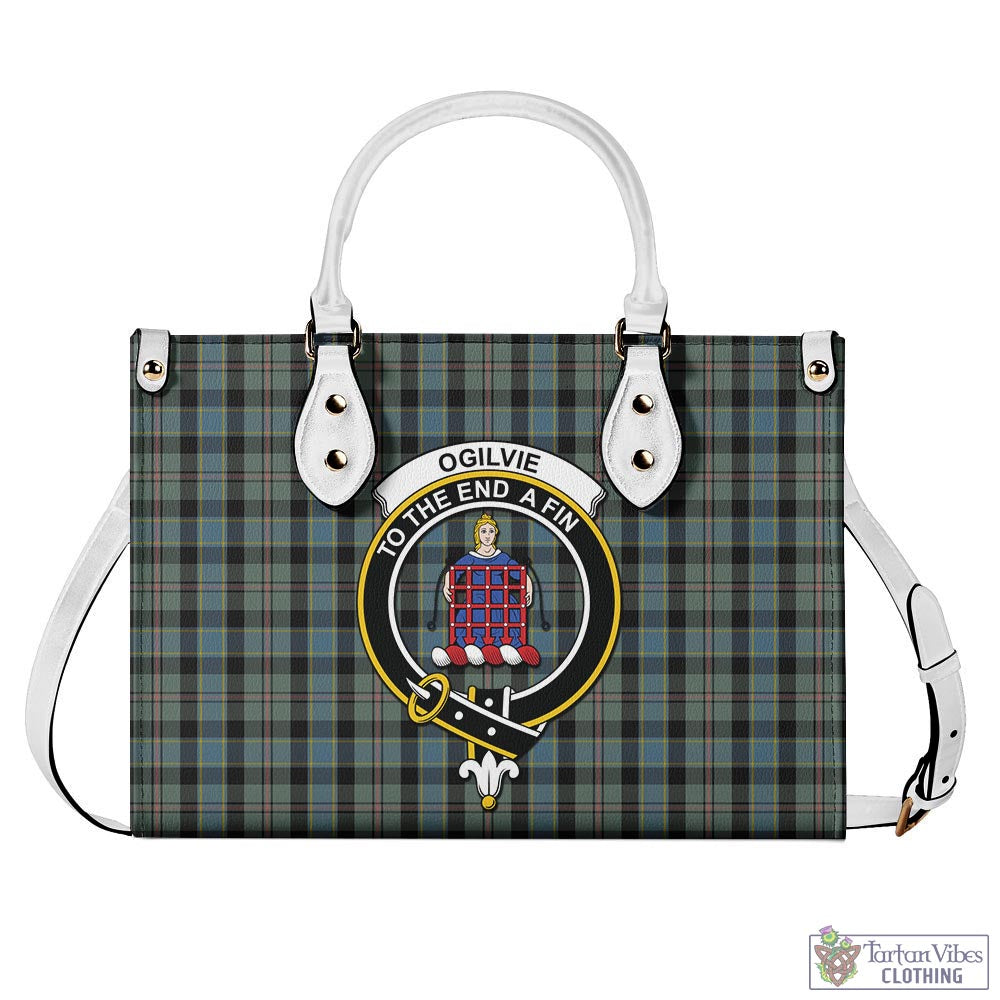 Tartan Vibes Clothing Ogilvie (Ogilvy) Hunting Tartan Luxury Leather Handbags with Family Crest