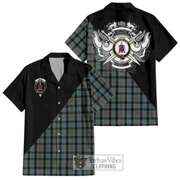 Ogilvie (Ogilvy) Hunting Tartan Short Sleeve Button Shirt with Family Crest and Military Logo Style