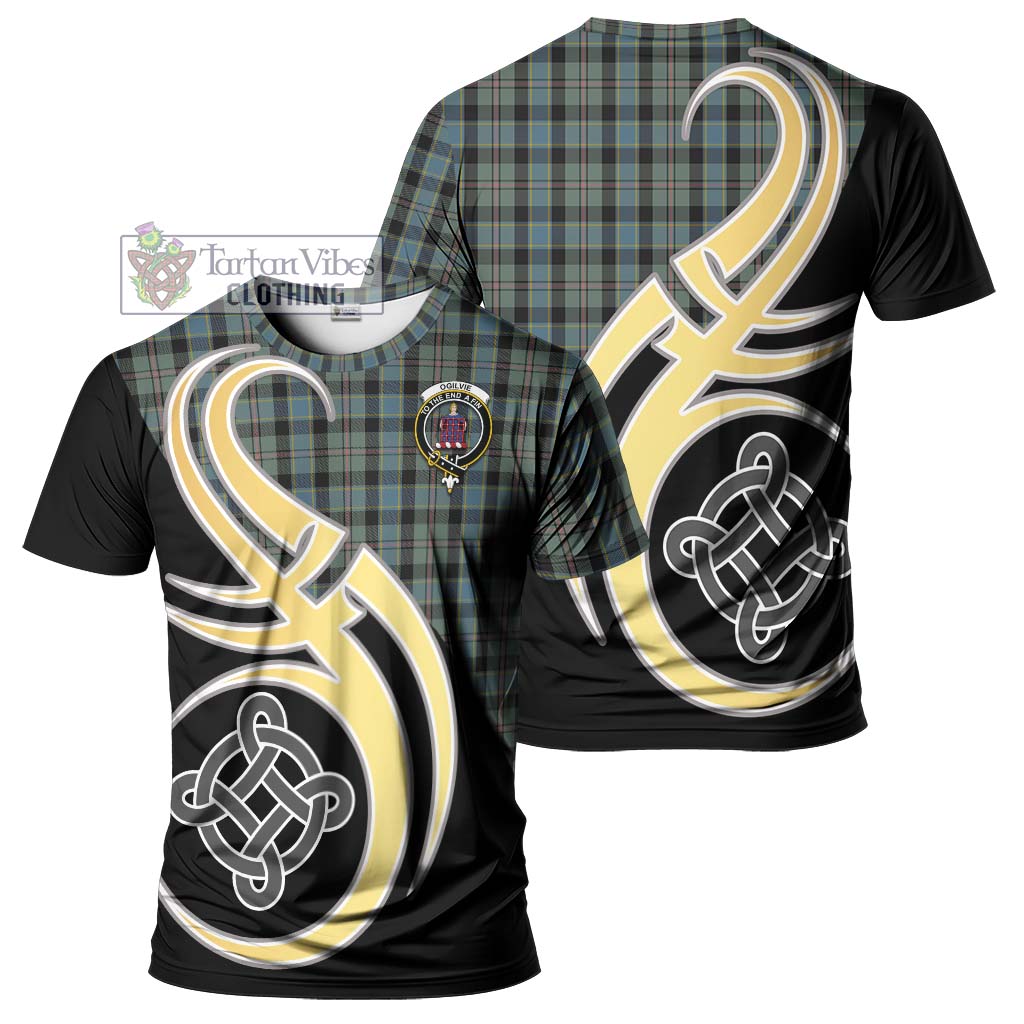 Tartan Vibes Clothing Ogilvie (Ogilvy) Hunting Tartan T-Shirt with Family Crest and Celtic Symbol Style