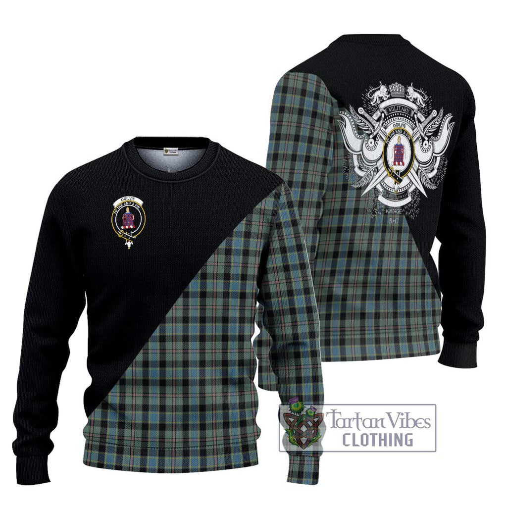 Ogilvie (Ogilvy) Hunting Tartan Knitted Sweater with Family Crest and Military Logo Style Unisex - Tartanvibesclothing Shop