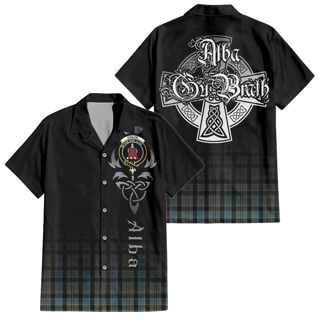 Tartan Vibes Clothing Ogilvie (Ogilvy) Hunting Tartan Short Sleeve Button Up Featuring Alba Gu Brath Family Crest Celtic Inspired