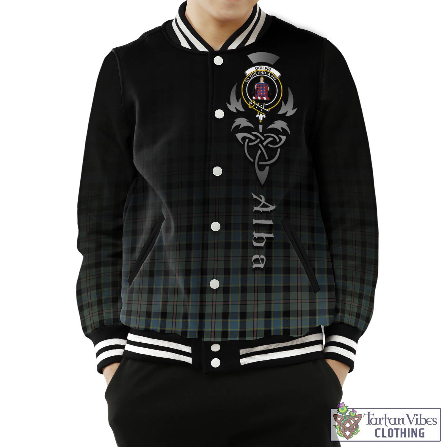 Tartan Vibes Clothing Ogilvie (Ogilvy) Hunting Tartan Baseball Jacket Featuring Alba Gu Brath Family Crest Celtic Inspired