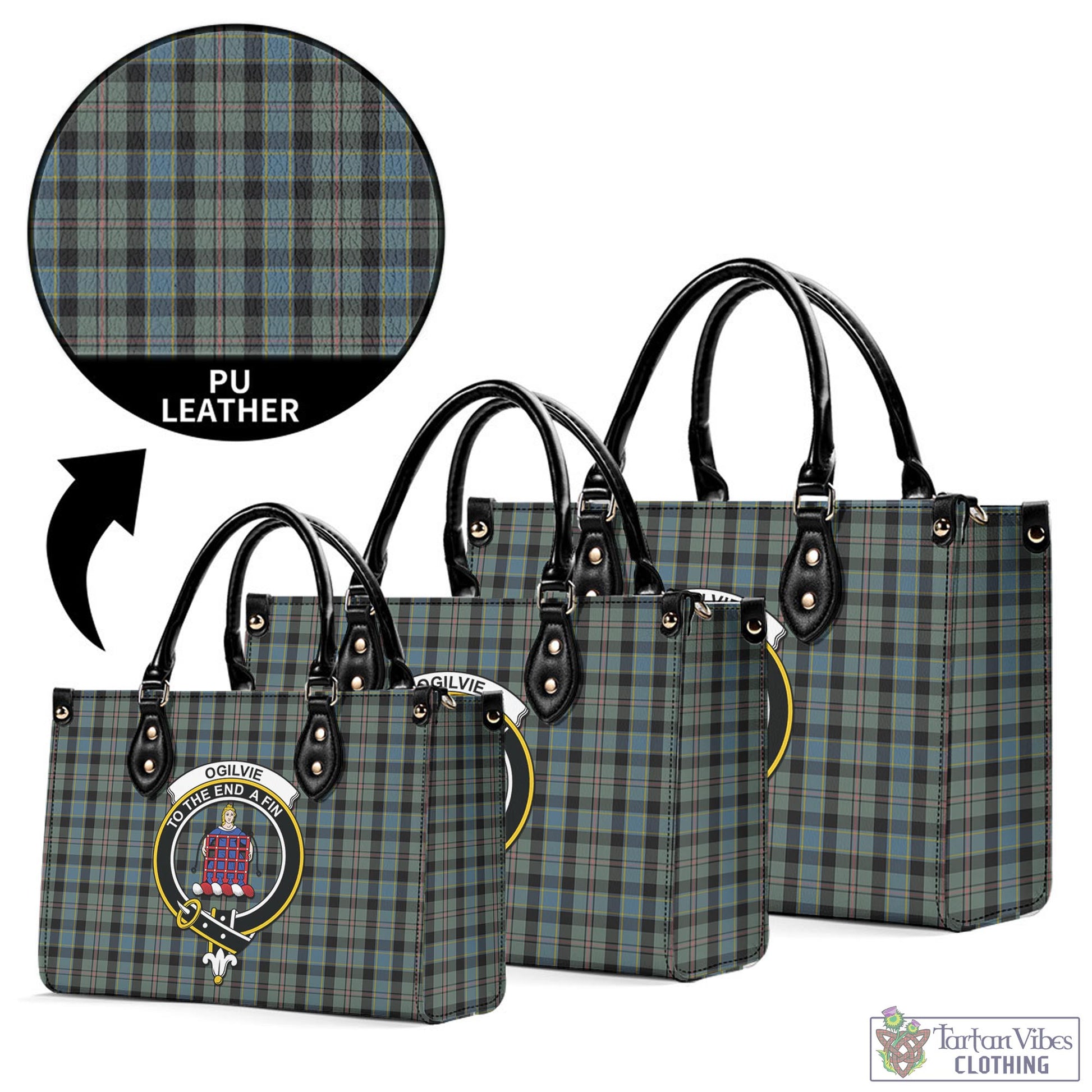 Tartan Vibes Clothing Ogilvie (Ogilvy) Hunting Tartan Luxury Leather Handbags with Family Crest