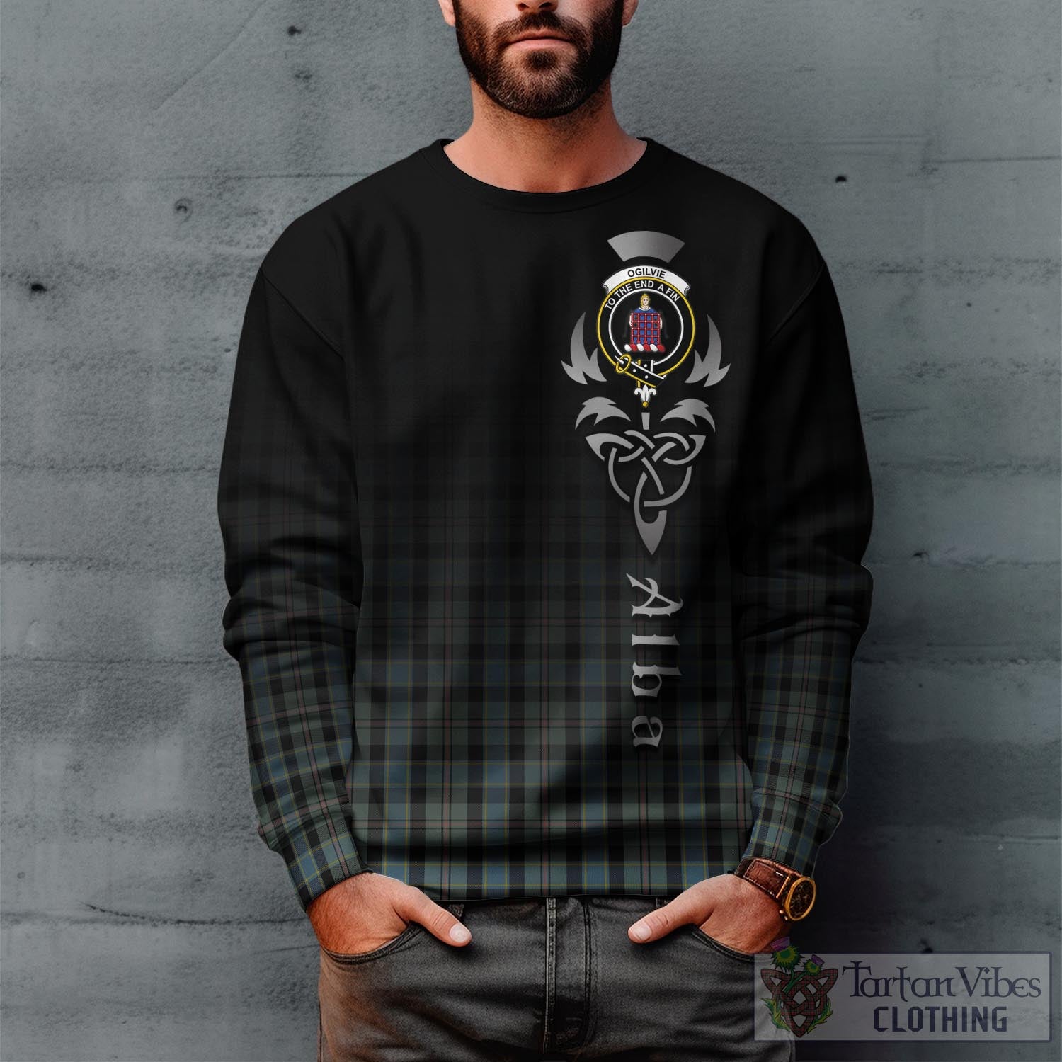 Tartan Vibes Clothing Ogilvie (Ogilvy) Hunting Tartan Sweatshirt Featuring Alba Gu Brath Family Crest Celtic Inspired