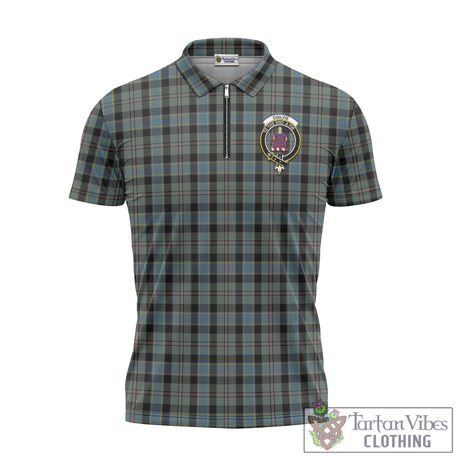 Tartan Vibes Clothing Ogilvie (Ogilvy) Hunting Tartan Zipper Polo Shirt with Family Crest