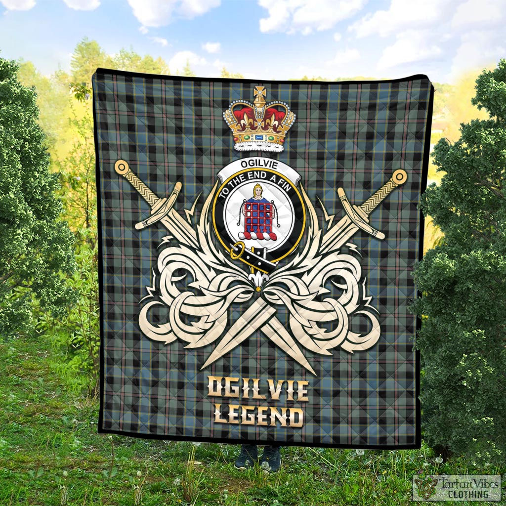 Tartan Vibes Clothing Ogilvie (Ogilvy) Hunting Tartan Quilt with Clan Crest and the Golden Sword of Courageous Legacy