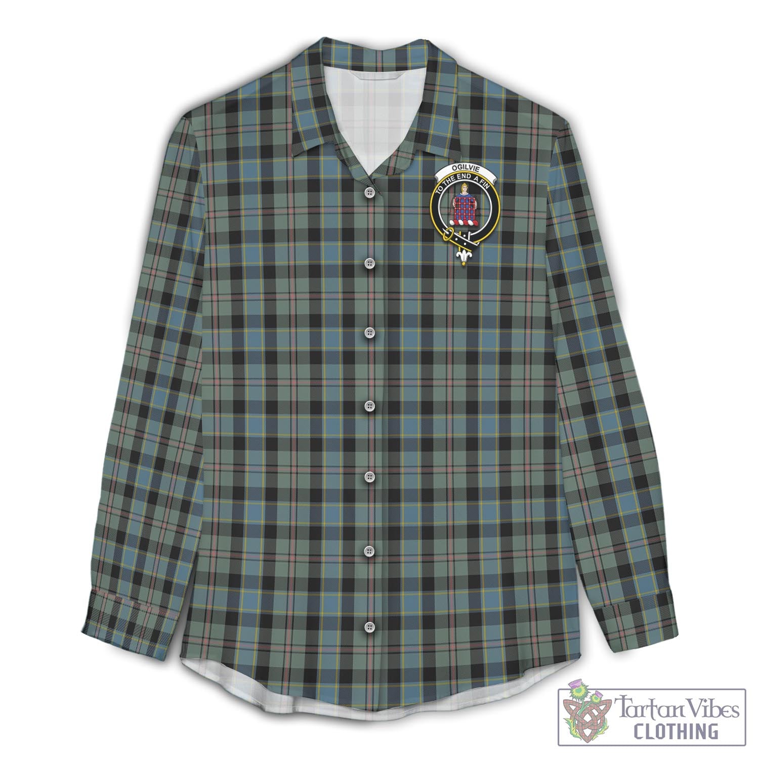 Tartan Vibes Clothing Ogilvie (Ogilvy) Hunting Tartan Womens Casual Shirt with Family Crest