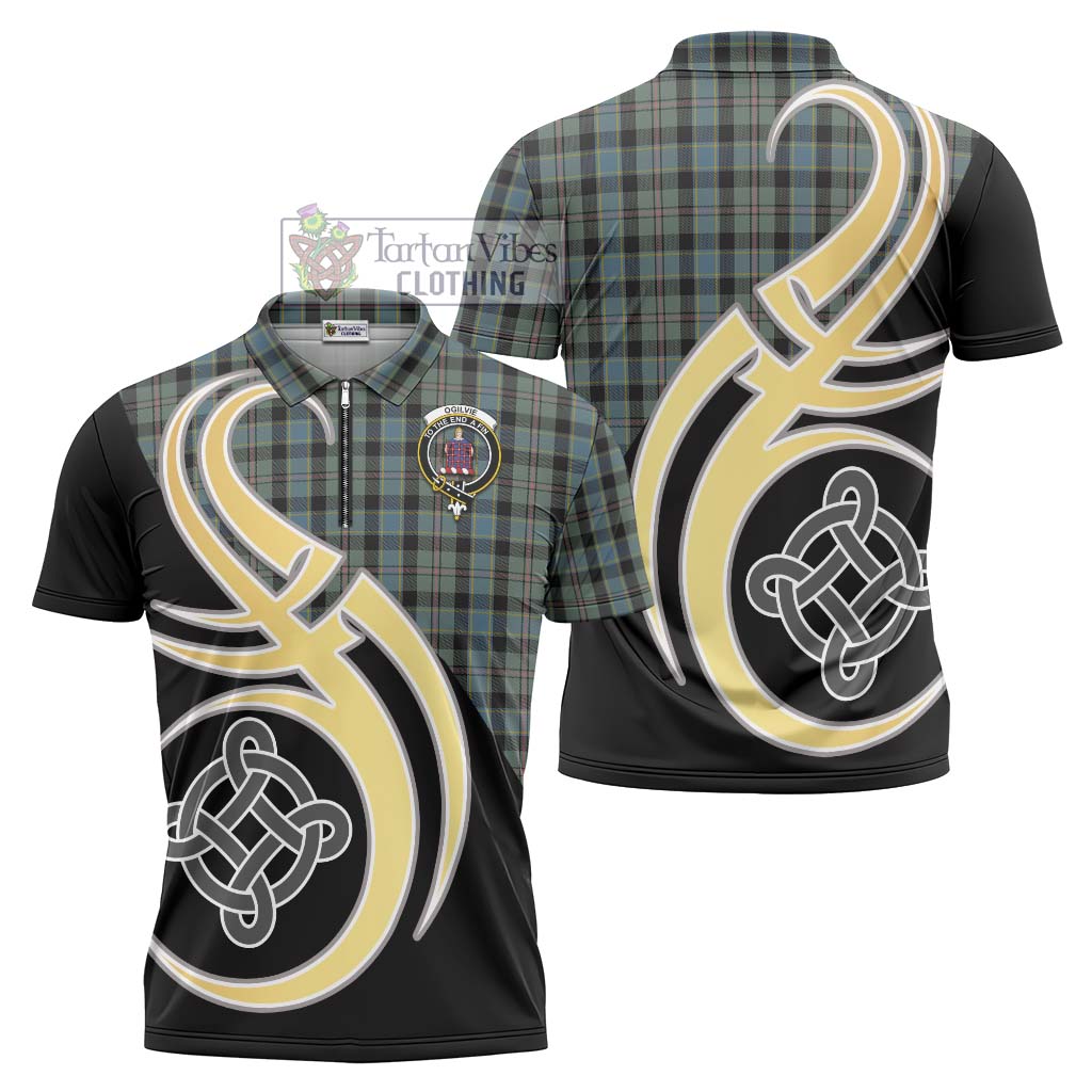 Tartan Vibes Clothing Ogilvie (Ogilvy) Hunting Tartan Zipper Polo Shirt with Family Crest and Celtic Symbol Style