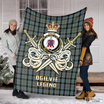 Ogilvie (Ogilvy) Hunting Tartan Blanket with Clan Crest and the Golden Sword of Courageous Legacy