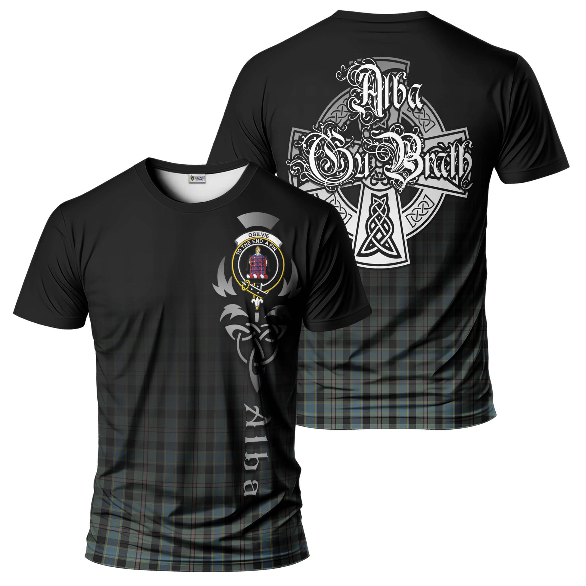 Tartan Vibes Clothing Ogilvie (Ogilvy) Hunting Tartan T-Shirt Featuring Alba Gu Brath Family Crest Celtic Inspired