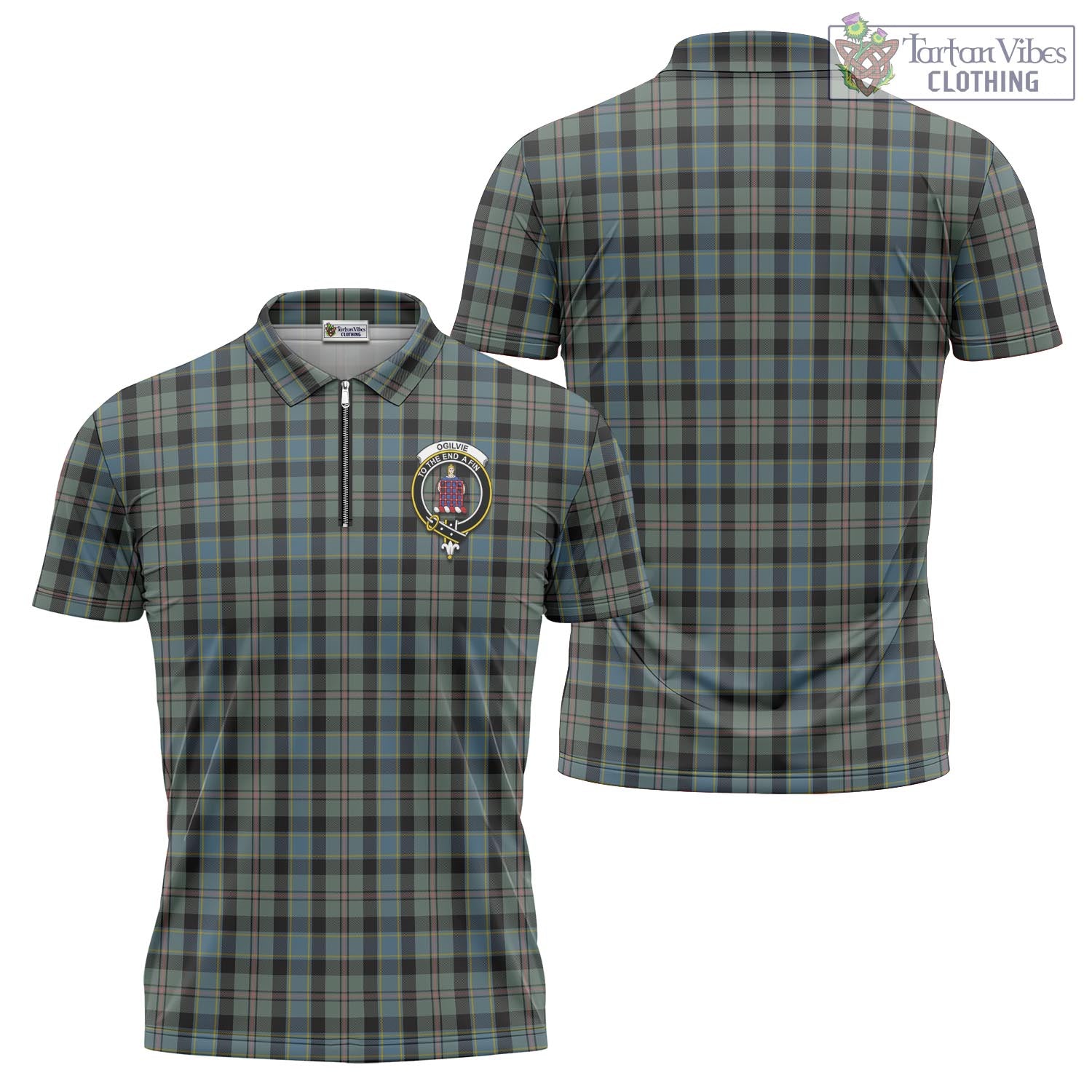 Tartan Vibes Clothing Ogilvie (Ogilvy) Hunting Tartan Zipper Polo Shirt with Family Crest