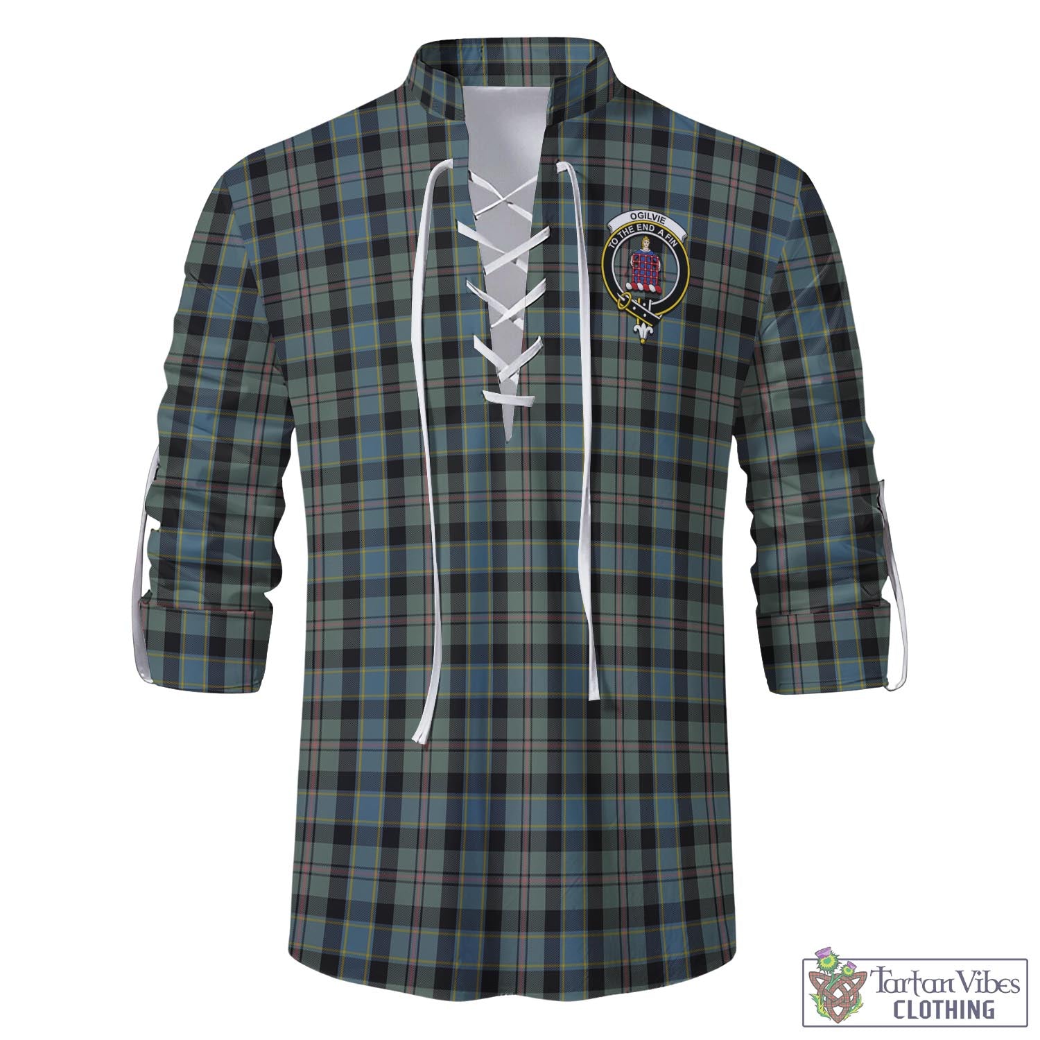 Tartan Vibes Clothing Ogilvie (Ogilvy) Hunting Tartan Men's Scottish Traditional Jacobite Ghillie Kilt Shirt with Family Crest