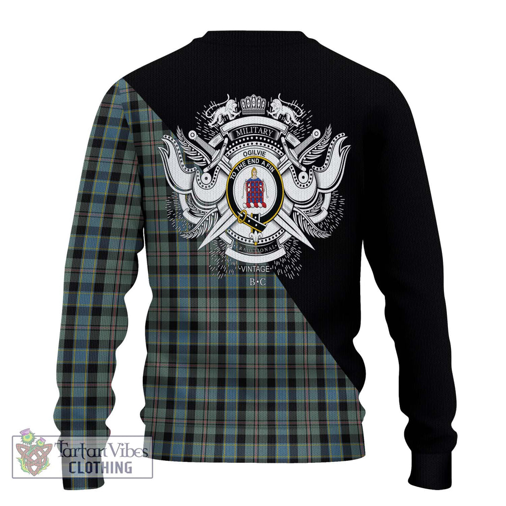 Ogilvie (Ogilvy) Hunting Tartan Knitted Sweater with Family Crest and Military Logo Style - Tartanvibesclothing Shop