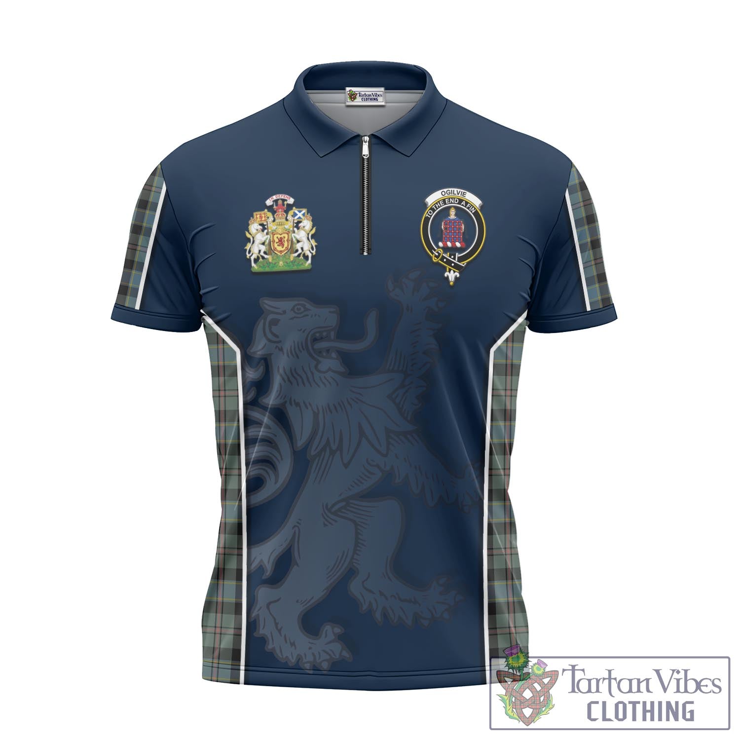 Tartan Vibes Clothing Ogilvie (Ogilvy) Hunting Tartan Zipper Polo Shirt with Family Crest and Lion Rampant Vibes Sport Style