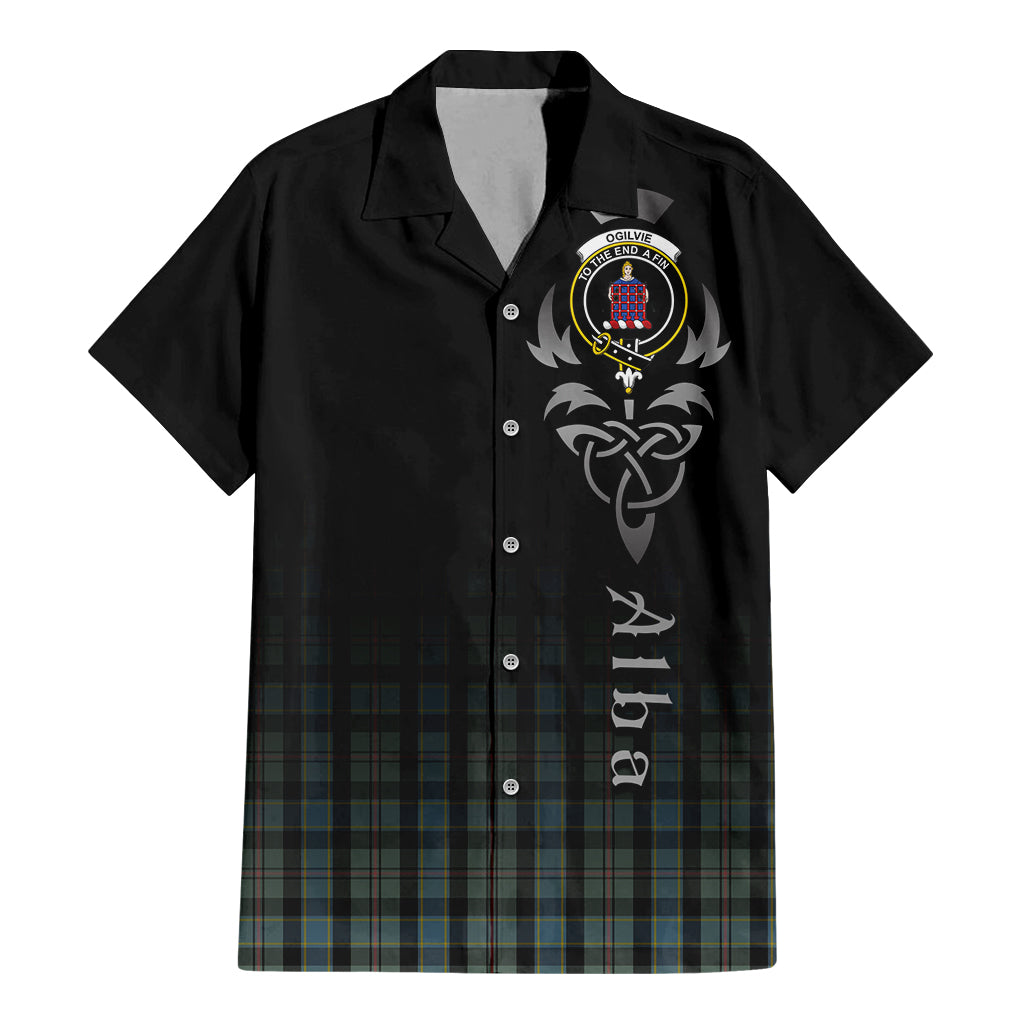 Tartan Vibes Clothing Ogilvie (Ogilvy) Hunting Tartan Short Sleeve Button Up Featuring Alba Gu Brath Family Crest Celtic Inspired