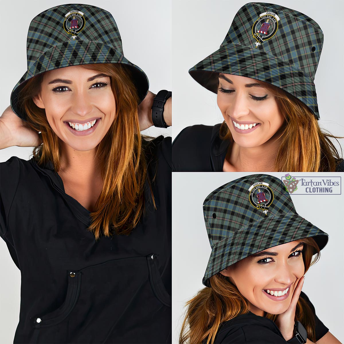 Tartan Vibes Clothing Ogilvie (Ogilvy) Hunting Tartan Bucket Hat with Family Crest