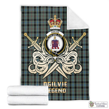 Ogilvie (Ogilvy) Hunting Tartan Blanket with Clan Crest and the Golden Sword of Courageous Legacy